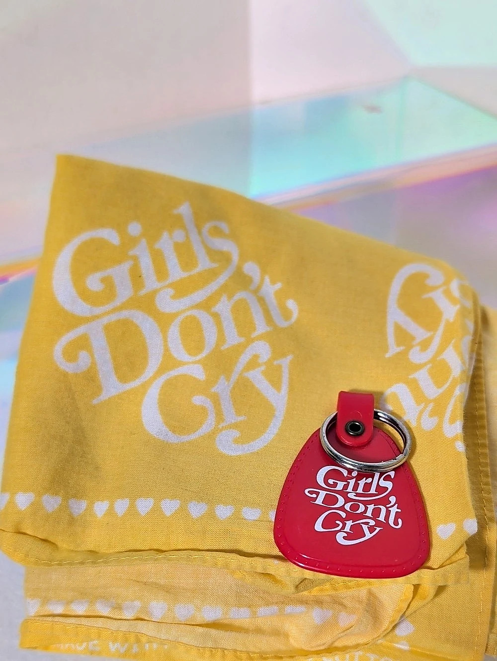 Girls Don't Cry Heart Keychain Red with Yellow & Red Pouch